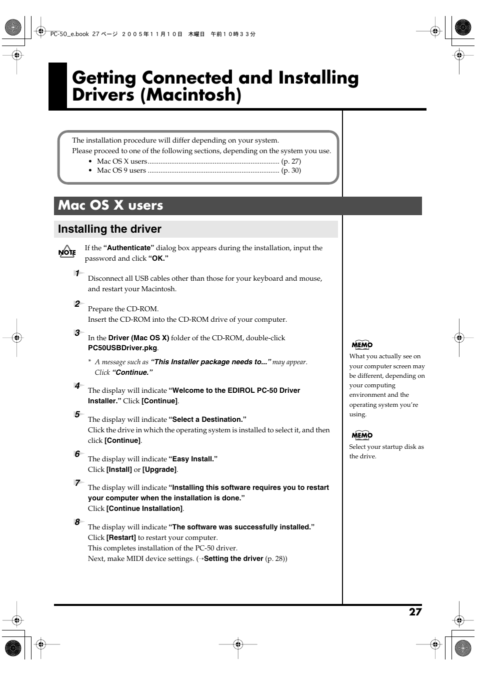 Mac os x users, Installing the driver | Edirol PC-50 User Manual | Page 27 / 88