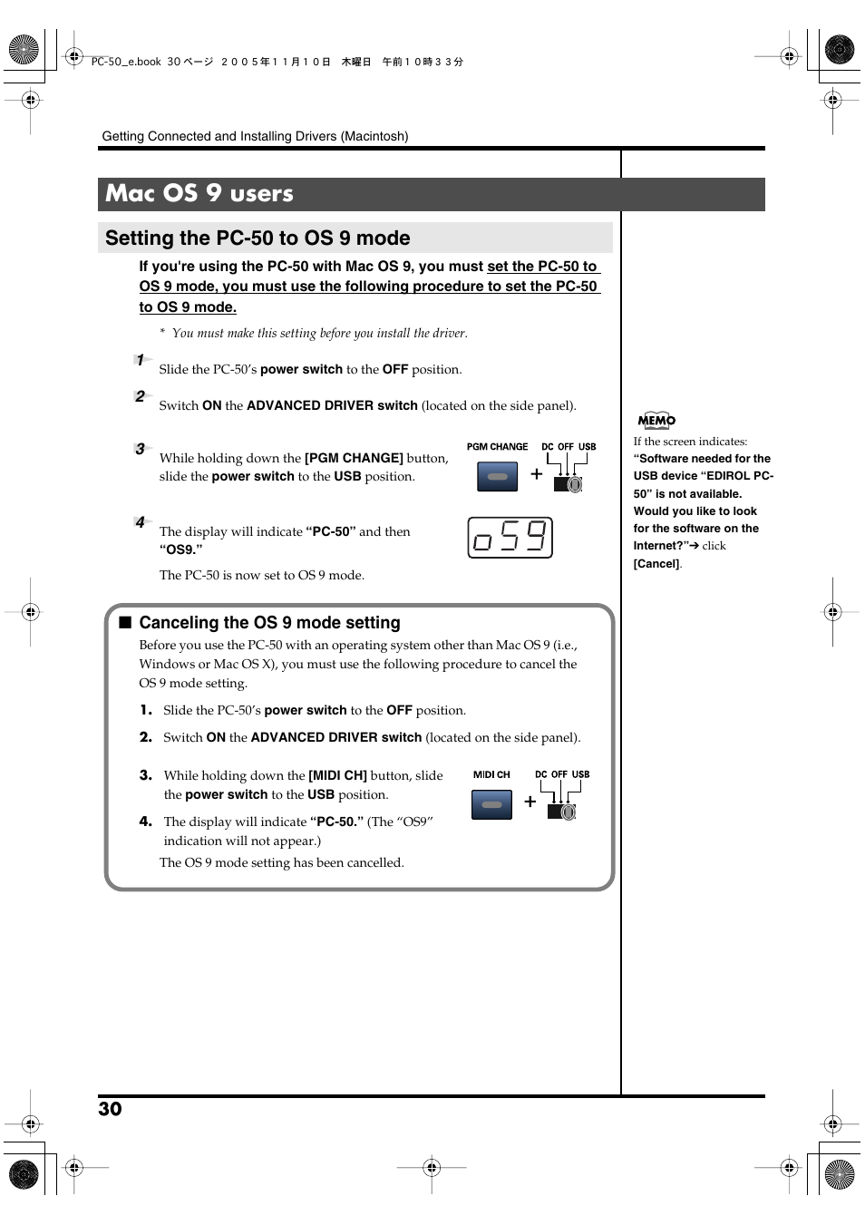 Mac os 9 users, Setting the pc-50 to os 9 mode, P. 30) | Canceling the os 9 mode setting | Edirol PC-50 User Manual | Page 30 / 88