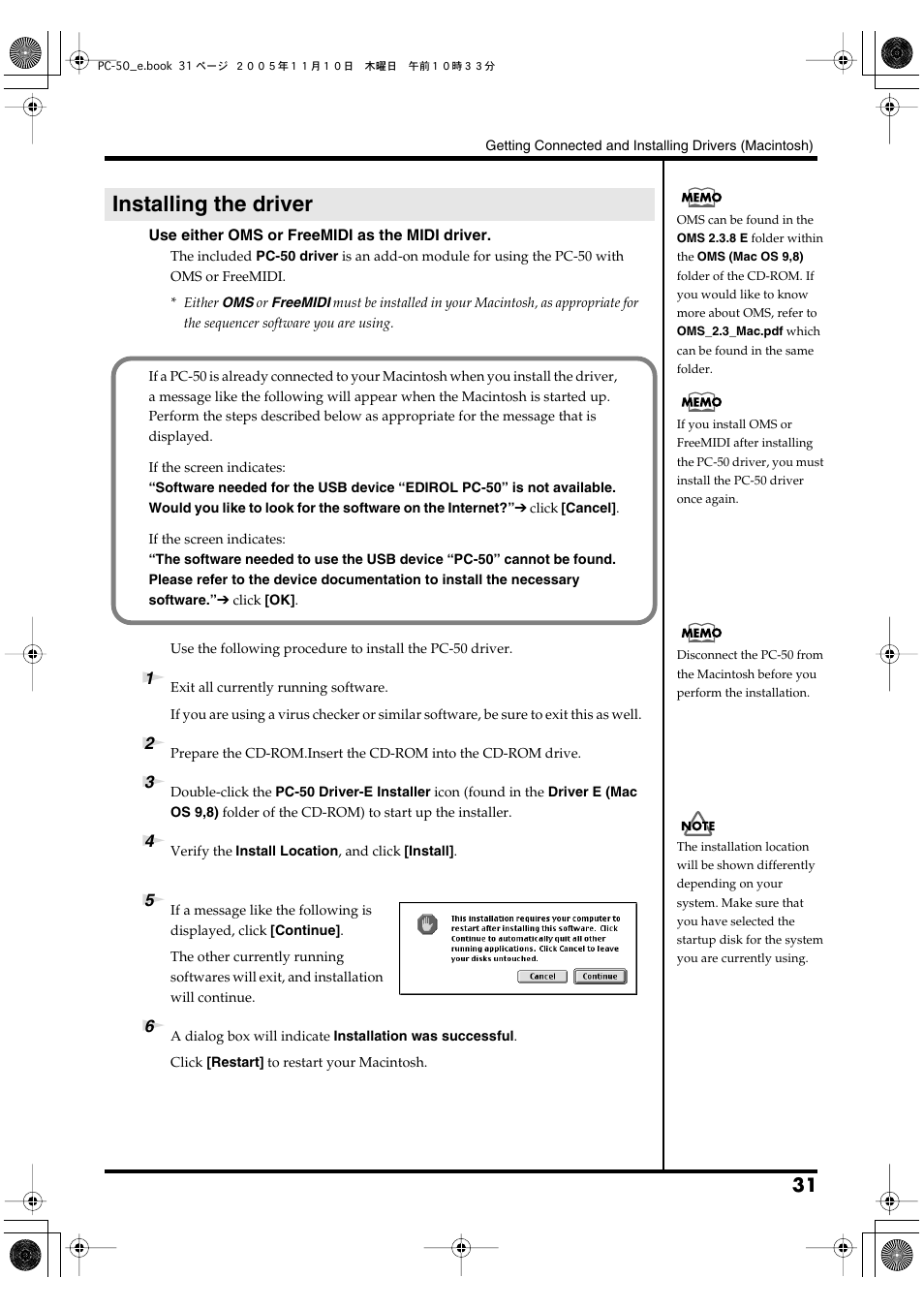Installing the driver | Edirol PC-50 User Manual | Page 31 / 88