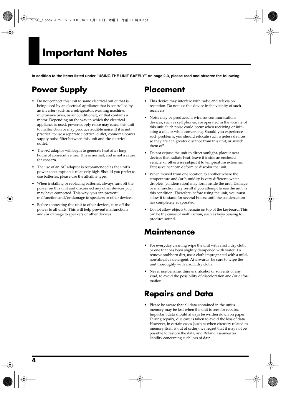 Power supply, Placement, Maintenance | Repairs and data | Edirol PC-50 User Manual | Page 4 / 88