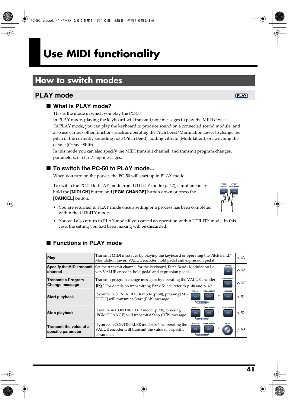 Use midi functionality, How to switch modes, Play mode | P. 41, What is play mode, Functions in play mode | Edirol PC-50 User Manual | Page 41 / 88