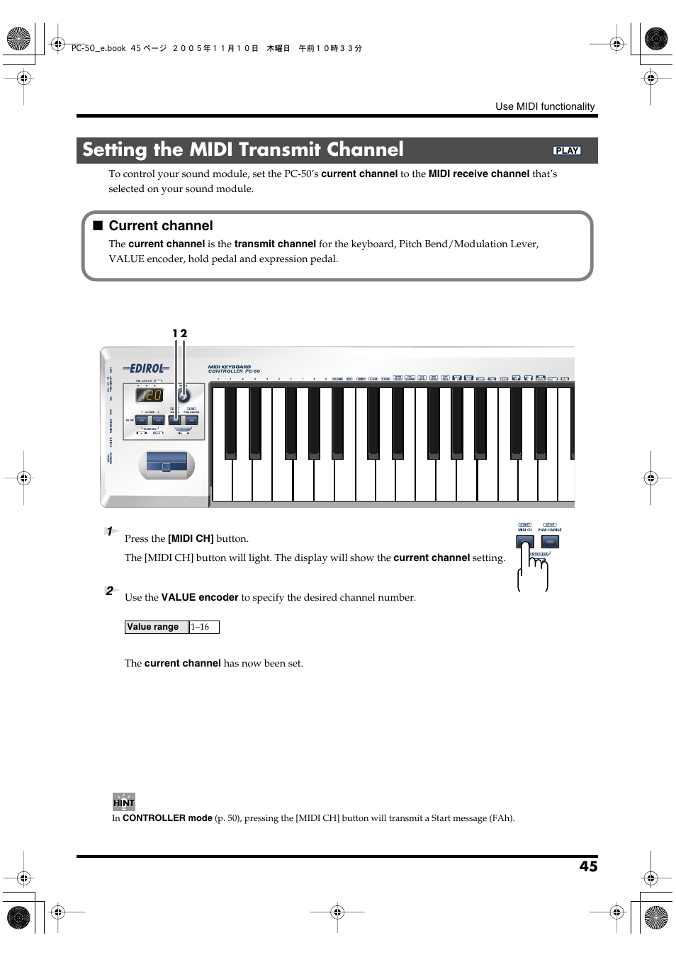 Setting the midi transmit channel, P. 45, Current channel | P. 45)) for the keyboard and bender, P. 45)) | Edirol PC-50 User Manual | Page 45 / 88
