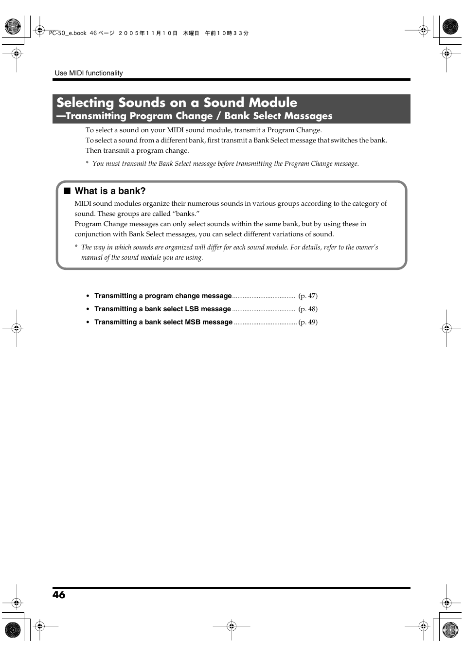 P. 46, P. 46)), Selecting sounds on a sound module | Edirol PC-50 User Manual | Page 46 / 88