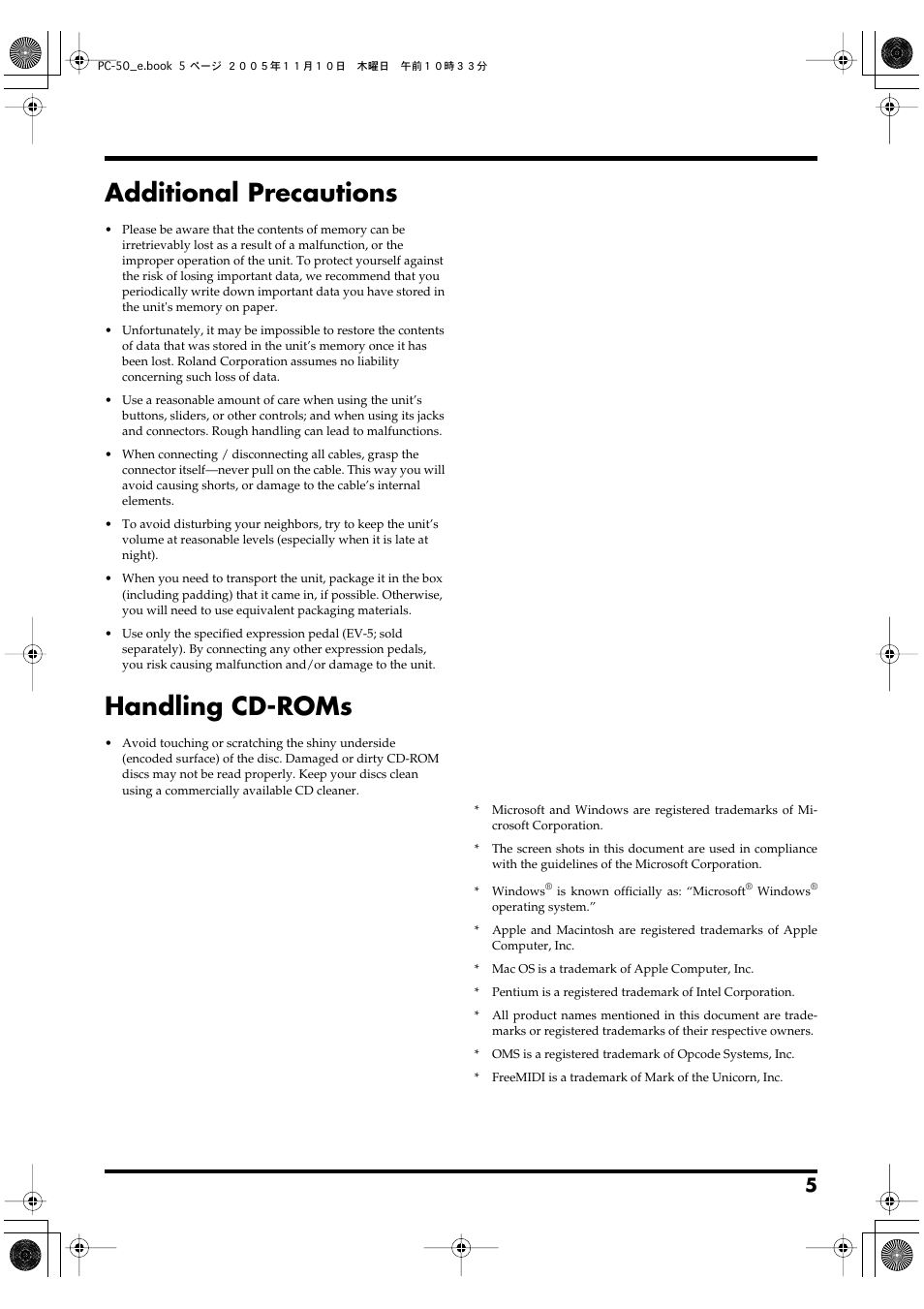 Additional precautions, Handling cd-roms | Edirol PC-50 User Manual | Page 5 / 88