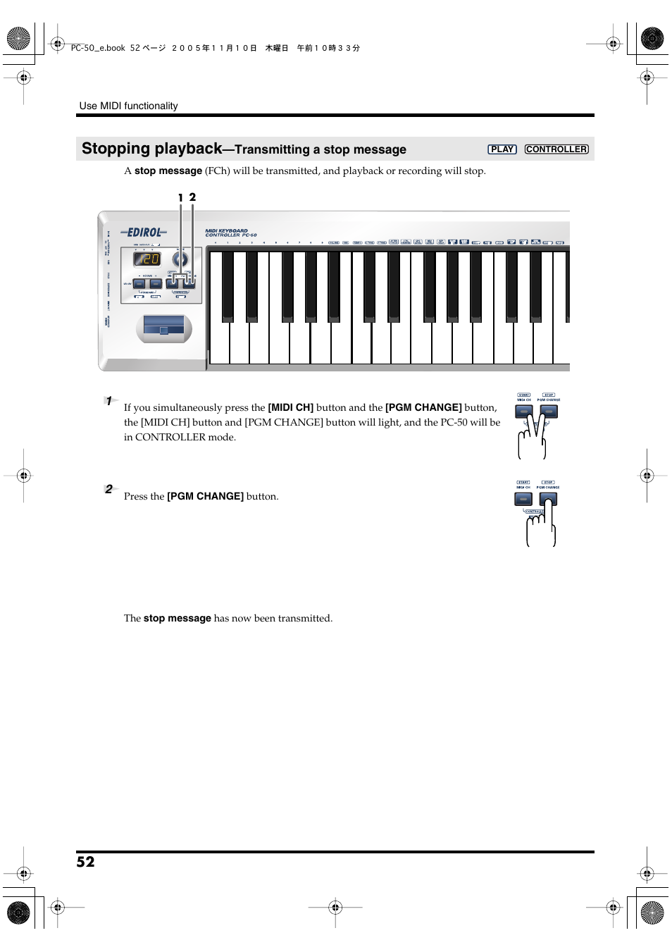 Stopping playback—transmitting a stop message, P. 52, Stopping playback | Edirol PC-50 User Manual | Page 52 / 88