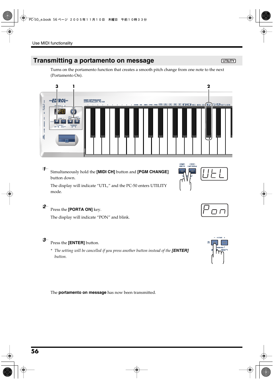 Transmitting a portamento on message, P. 56 | Edirol PC-50 User Manual | Page 56 / 88