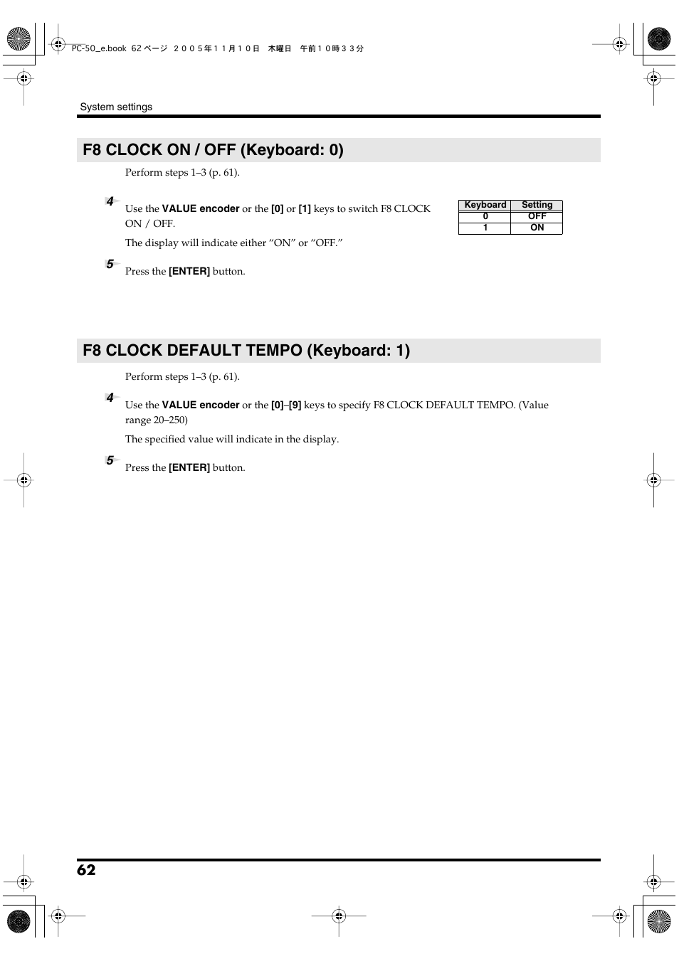 F8 clock on / off (keyboard: 0), F8 clock default tempo (keyboard: 1), F8 clock on / off f8 clock default tempo | P. 62 | Edirol PC-50 User Manual | Page 62 / 88
