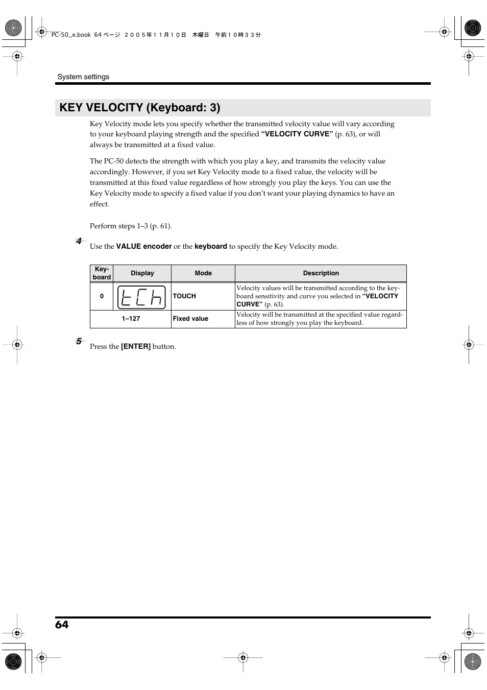 Key velocity (keyboard: 3), Key velocity, P. 64 | Edirol PC-50 User Manual | Page 64 / 88