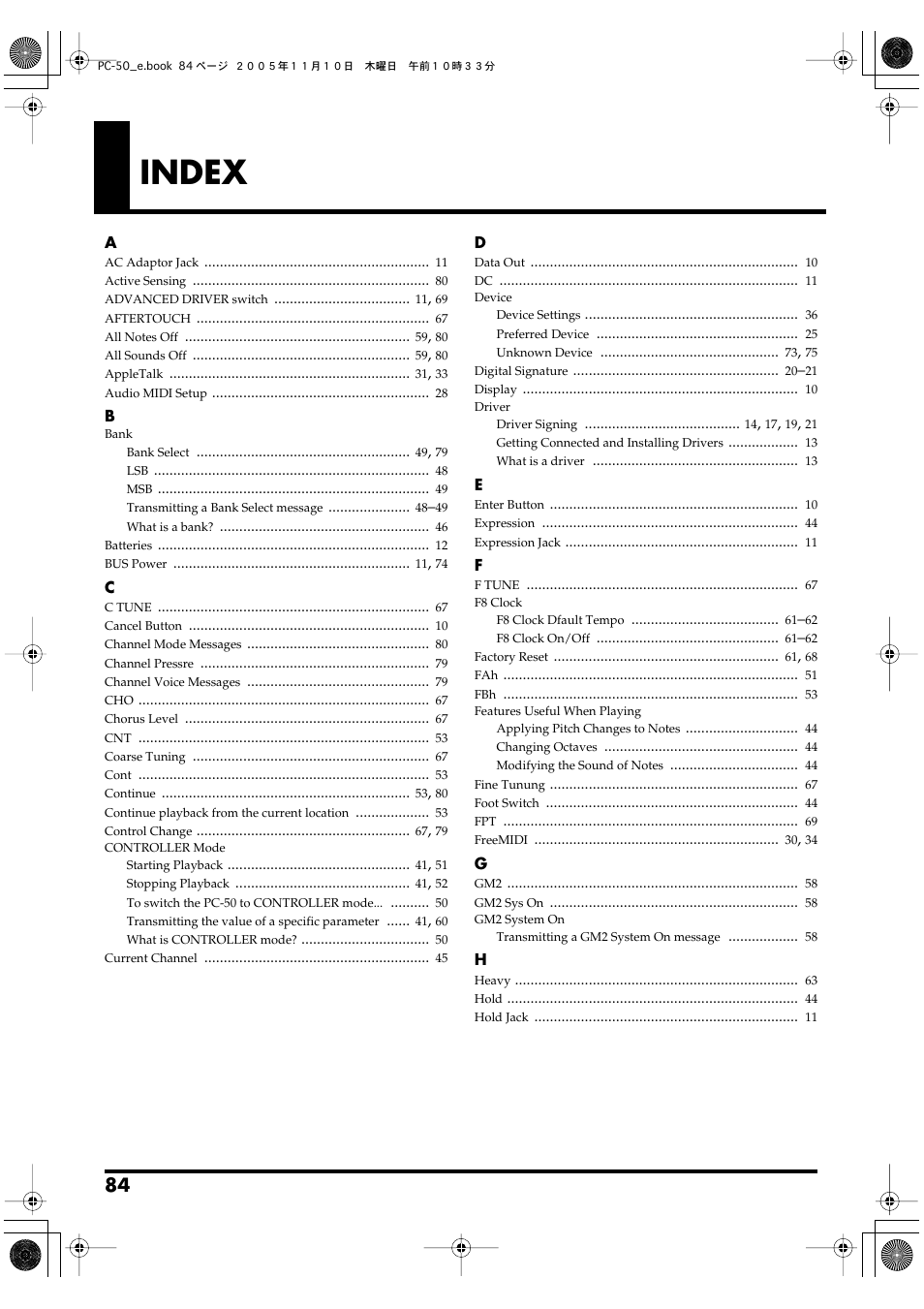 Index | Edirol PC-50 User Manual | Page 84 / 88