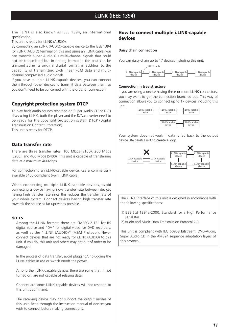 I.link (ieee 1394), Copyright protection system dtcp, Data transfer rate | How to connect multiple i.link-capable devices | Esoteric P-03 User Manual | Page 11 / 32