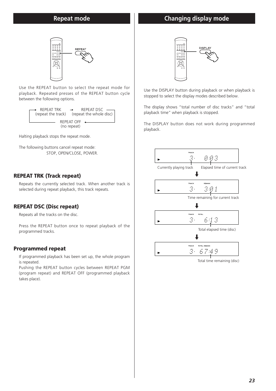 Repeat mode, Changing display mode, Repeat trk (track repeat) | Repeat dsc (disc repeat), Programmed repeat | Esoteric P-03 User Manual | Page 23 / 32