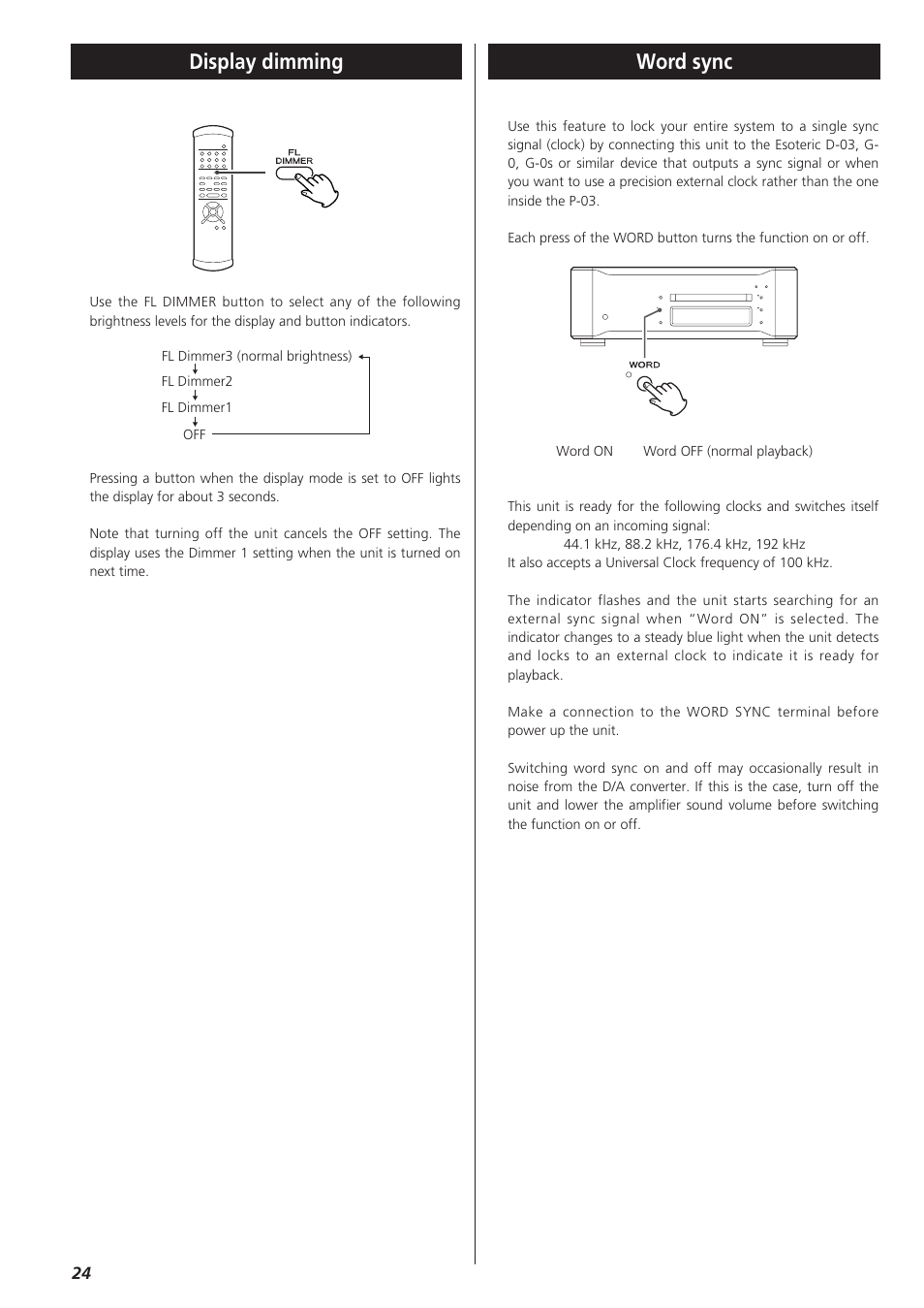 Display dimming, Word sync | Esoteric P-03 User Manual | Page 24 / 32