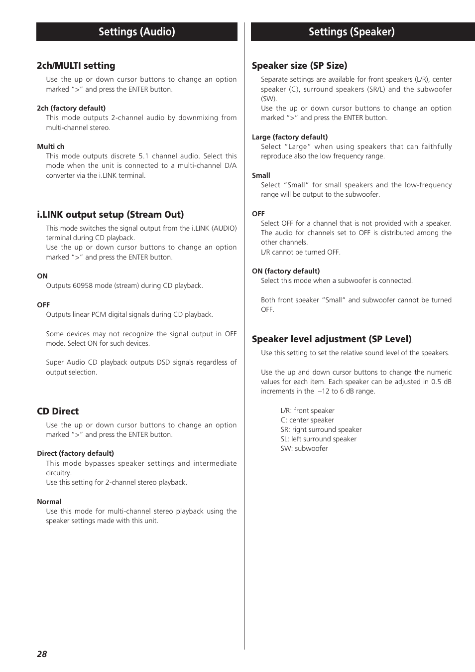 Settings (audio), Settings (speaker), 2ch/multi setting | I.link output setup (stream out), Cd direct, Speaker size (sp size), Speaker level adjustment (sp level) | Esoteric P-03 User Manual | Page 28 / 32