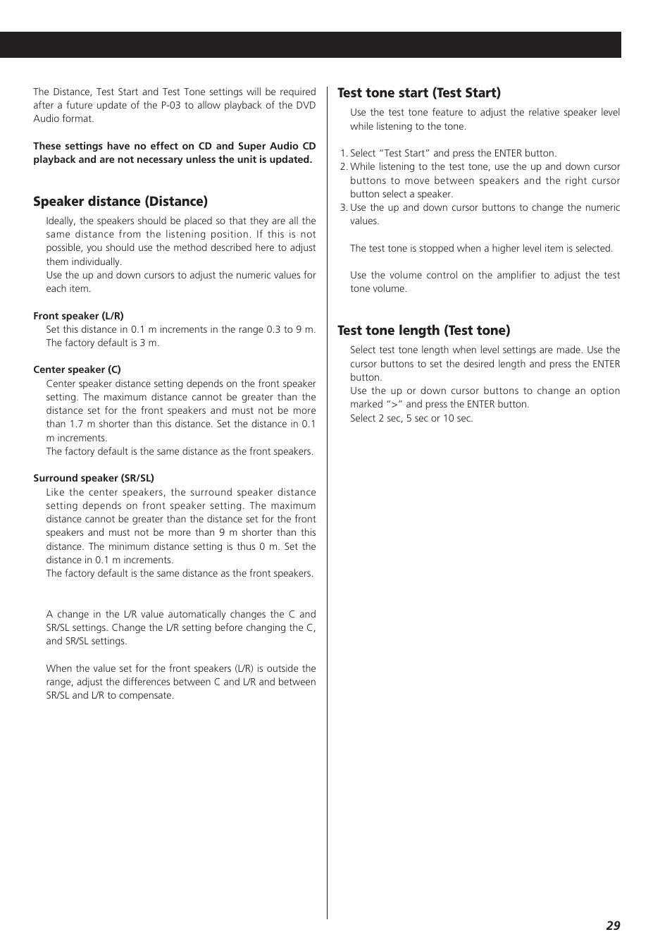 Speaker distance (distance), Test tone start (test start), Test tone length (test tone) | Esoteric P-03 User Manual | Page 29 / 32