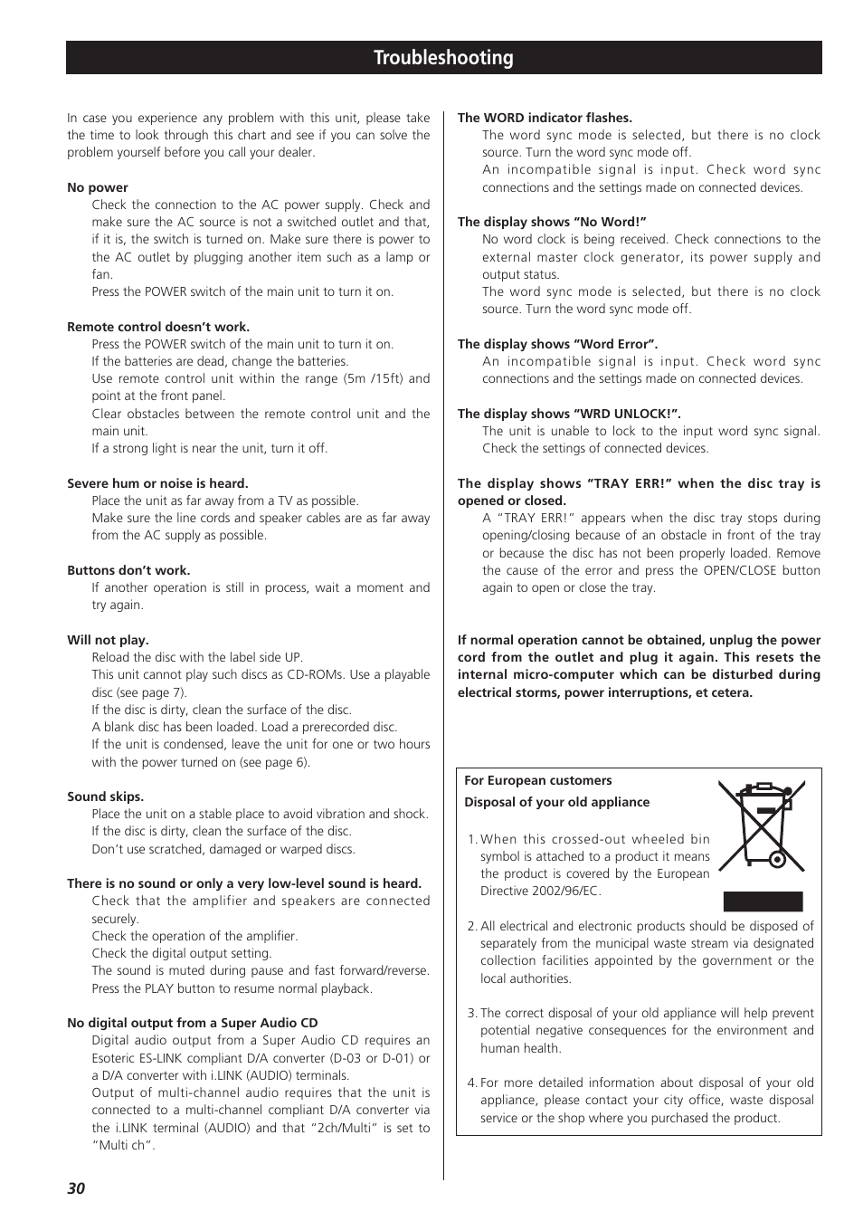 Troubleshooting | Esoteric P-03 User Manual | Page 30 / 32