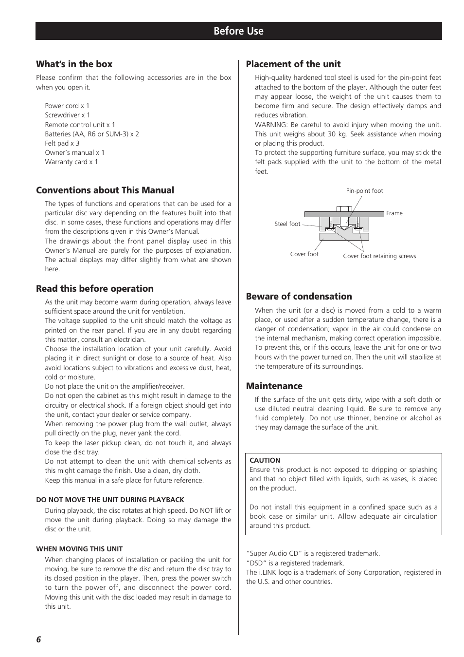 Before use, What’s in the box, Conventions about this manual | Read this before operation, Placement of the unit, Beware of condensation, Maintenance | Esoteric P-03 User Manual | Page 6 / 32