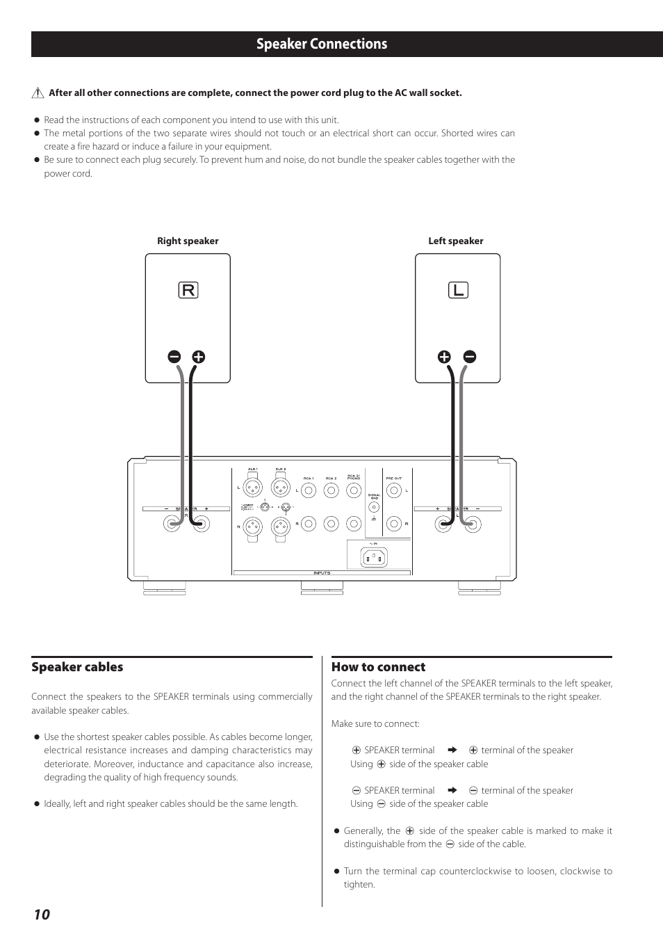 Speaker connections, Connections when using as a pre amplifier, 10 speaker connections | Speaker cables, How to connect | Esoteric I-03 User Manual | Page 10 / 24