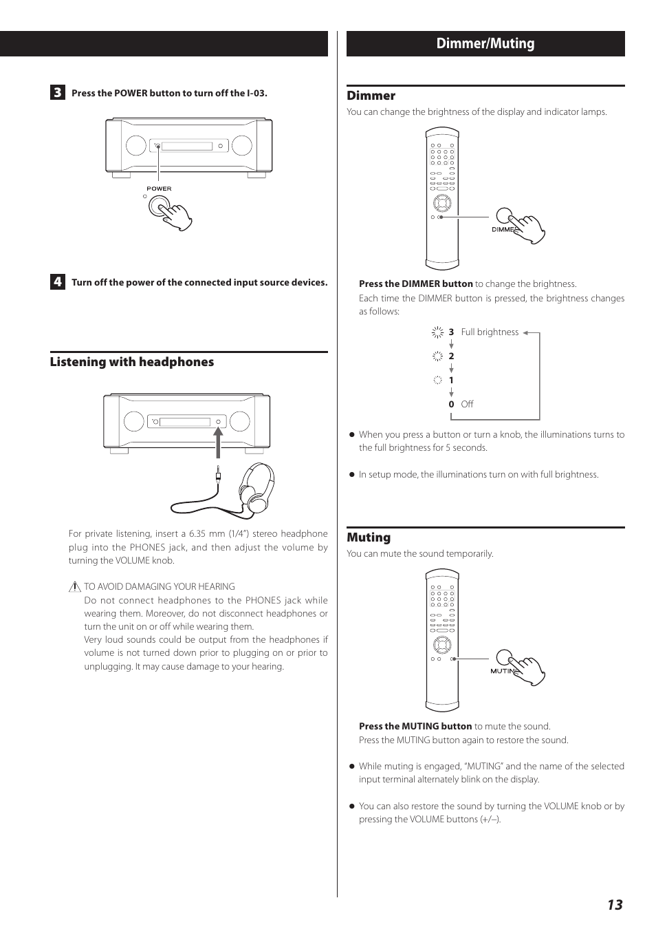 Balance and input level settings, 13 dimmer/muting, Listening with headphones | Dimmer, Muting | Esoteric I-03 User Manual | Page 13 / 24