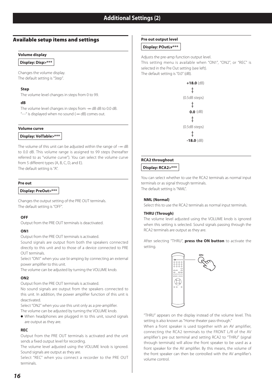 16 additional settings (2), Available setup items and settings | Esoteric I-03 User Manual | Page 16 / 24