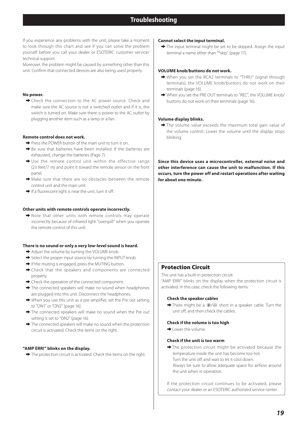 Troubleshooting, 19 troubleshooting, Protection circuit | Esoteric I-03 User Manual | Page 19 / 24