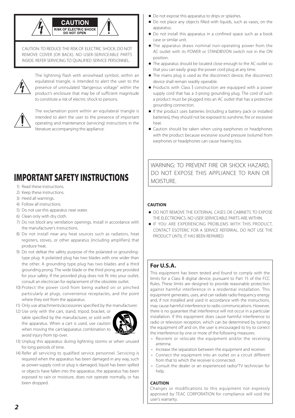 Important safety instructions, For u.s.a | Esoteric I-03 User Manual | Page 2 / 24