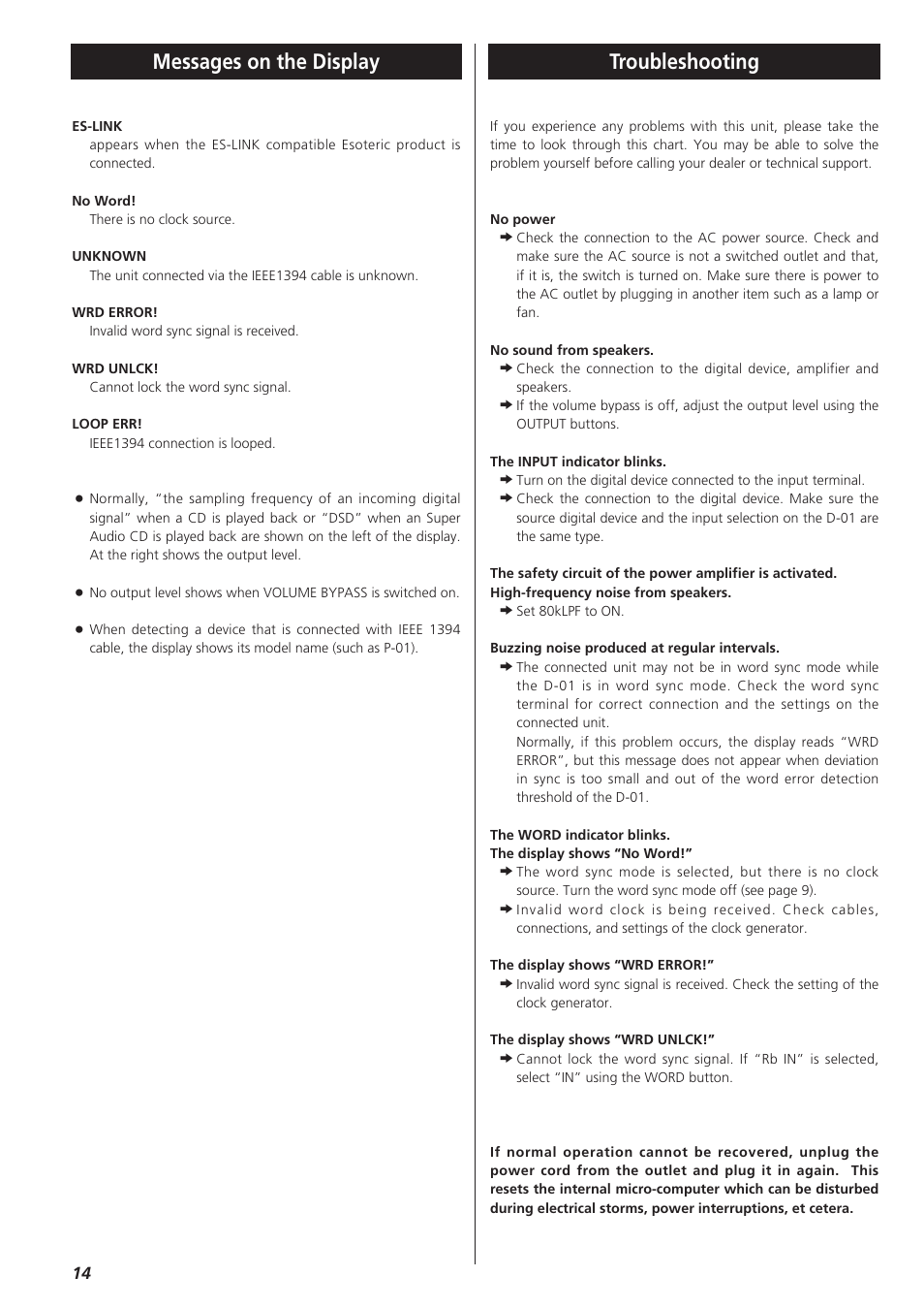 Messages on the display, Troubleshooting | Esoteric D-01 User Manual | Page 14 / 16