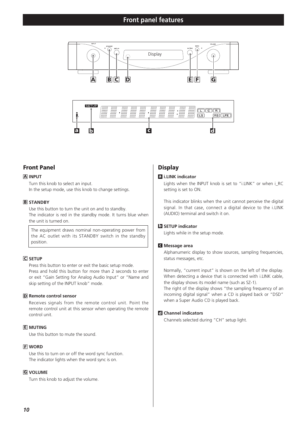 Front panel features, Front panel, Display | Esoteric AZ-1 User Manual | Page 10 / 20