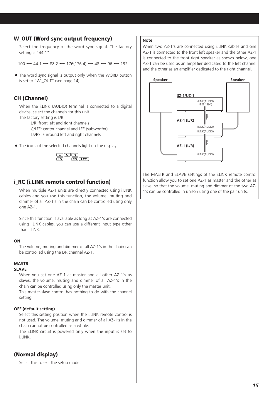 W_out (word sync output frequency), Ch (channel), I_rc (i.link remote control function) | Normal display) | Esoteric AZ-1 User Manual | Page 15 / 20