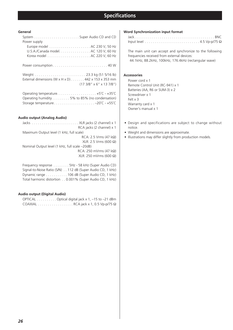 Specifications | Esoteric X-03 User Manual | Page 26 / 28