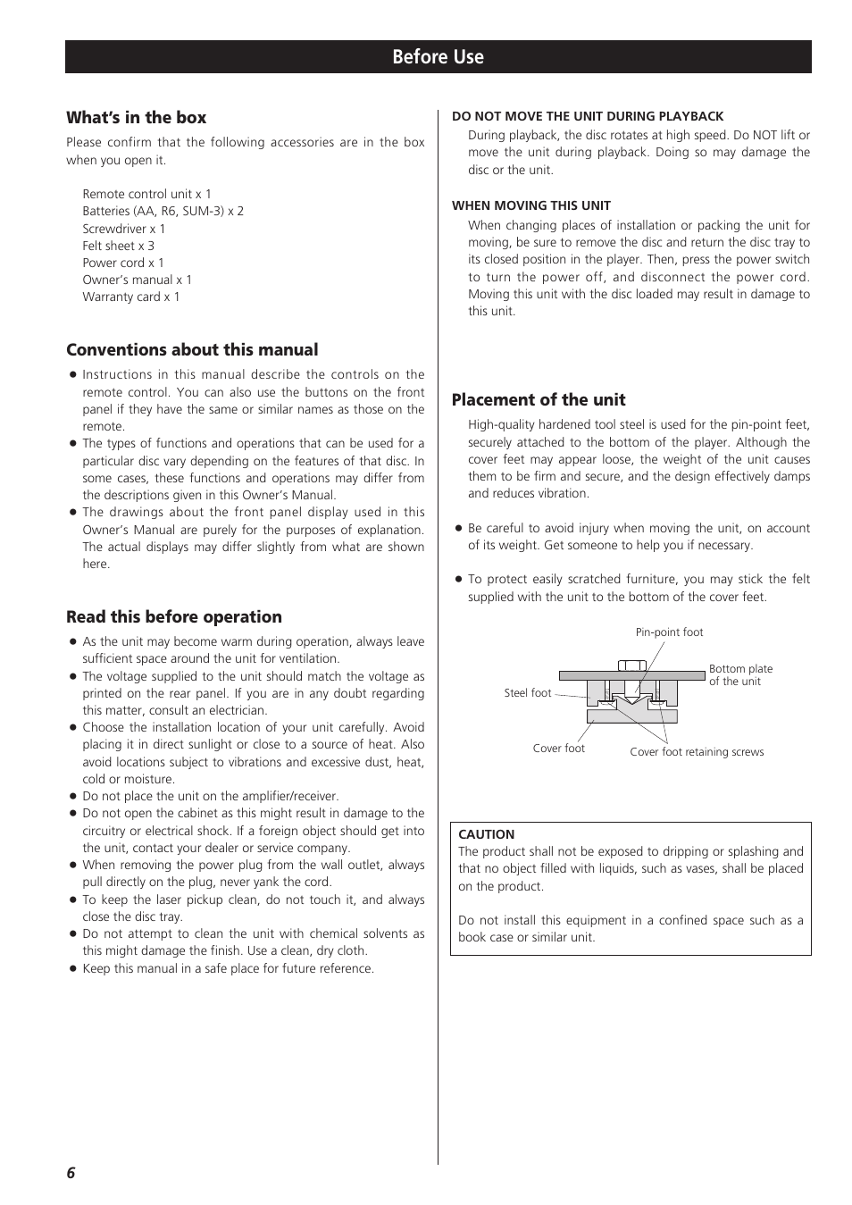 Before use, What’s in the box, Conventions about this manual | Read this before operation, Placement of the unit | Esoteric X-03 User Manual | Page 6 / 28