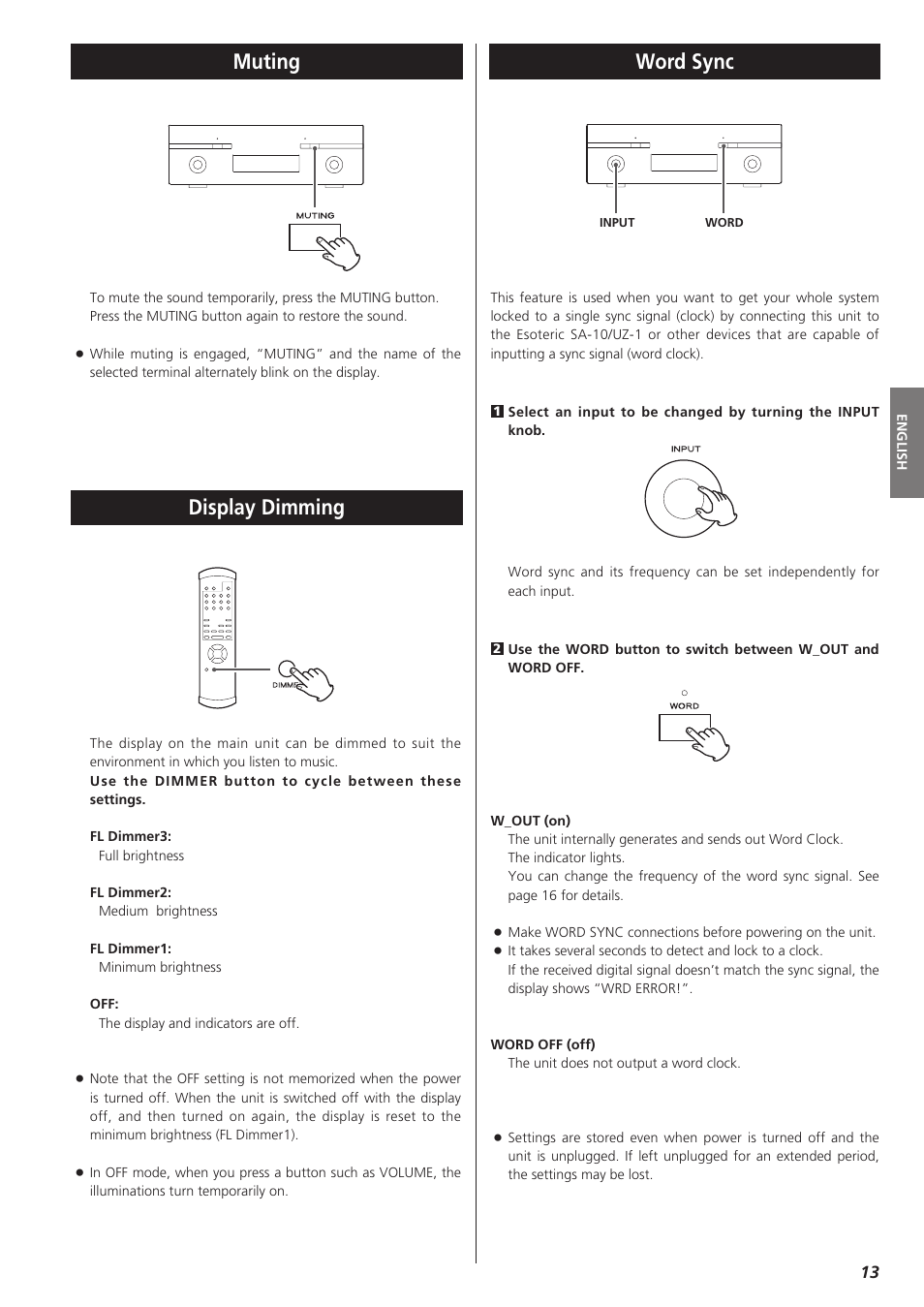 Muting, Display dimming, Word sync | Esoteric AI-10 User Manual | Page 13 / 22