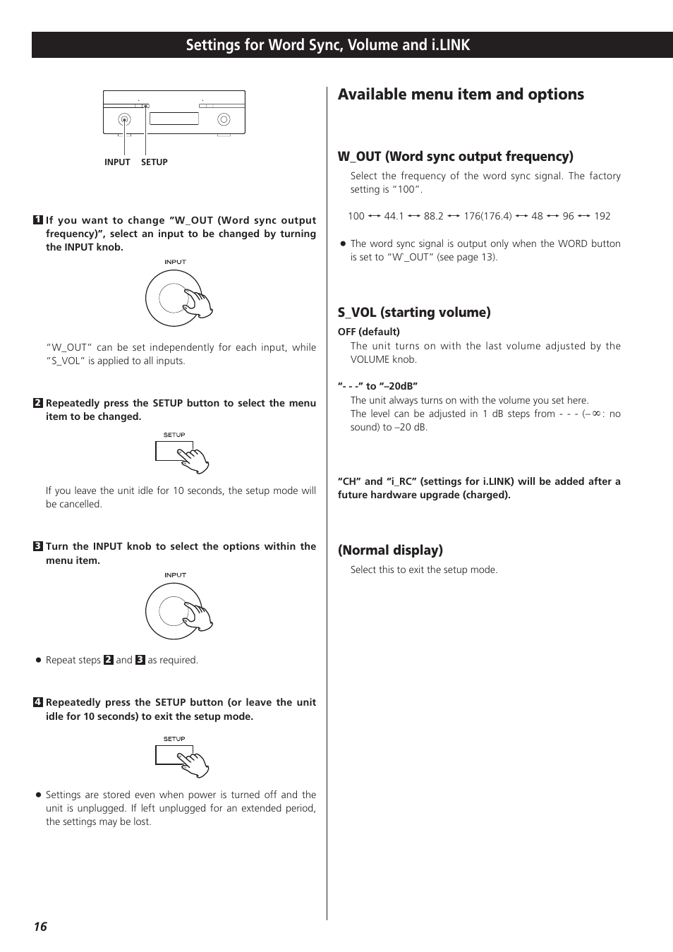 Settings for word sync, volume and i.link, Available menu item and options, W_out (word sync output frequency) | S_vol (starting volume), Normal display) | Esoteric AI-10 User Manual | Page 16 / 22