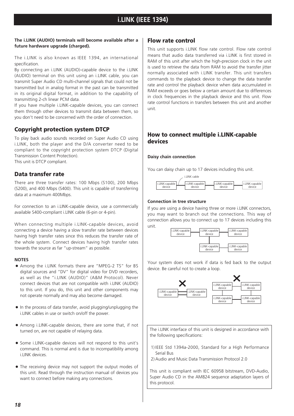 I.link (ieee 1394), Flow rate control, Copyright protection system dtcp | Data transfer rate, How to connect multiple i.link-capable devices | Esoteric AI-10 User Manual | Page 18 / 22