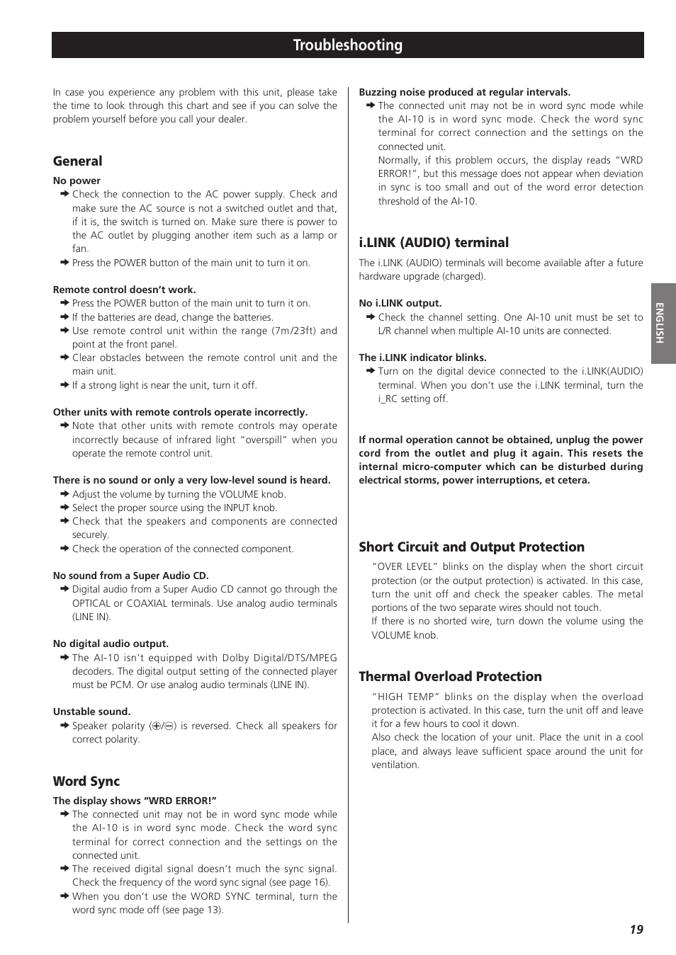 Troubleshooting, General, Word sync | I.link (audio) terminal, Short circuit and output protection, Thermal overload protection | Esoteric AI-10 User Manual | Page 19 / 22