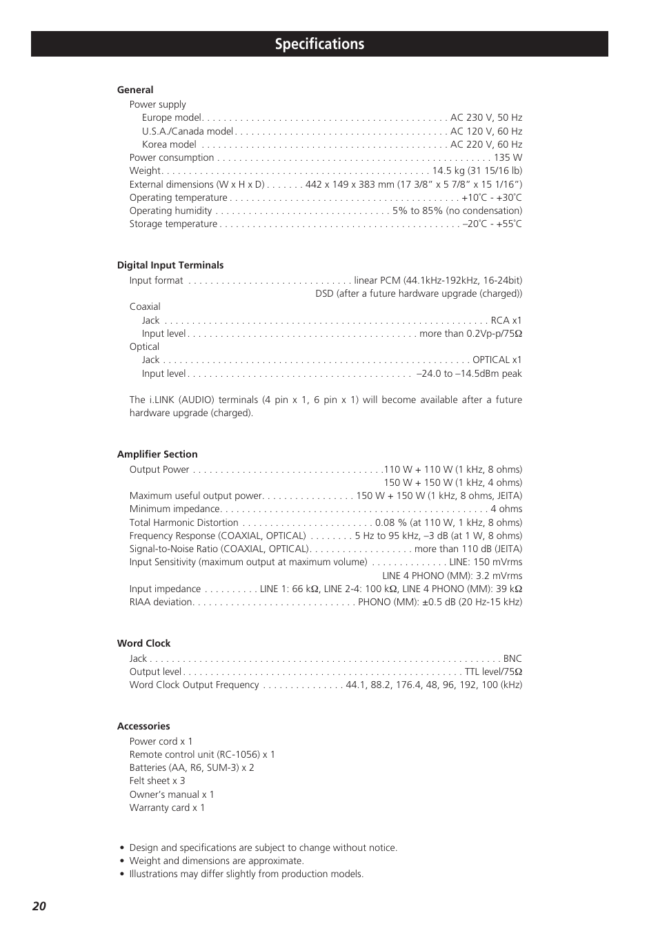 Specifications | Esoteric AI-10 User Manual | Page 20 / 22