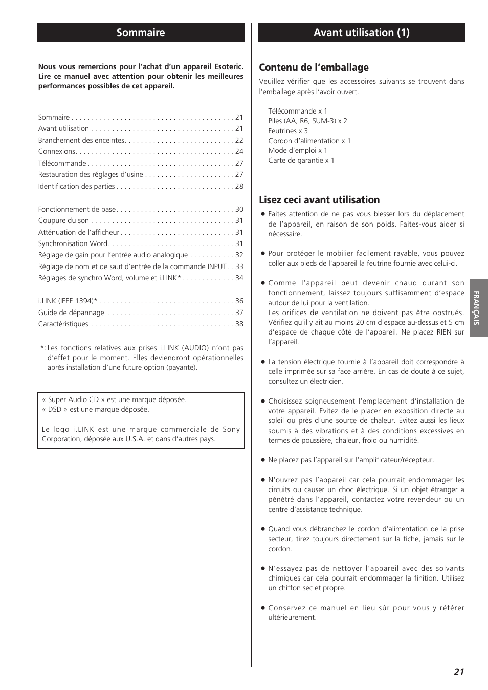 Sommaire, Avant utilisation (1), Contenu de l’emballage | Lisez ceci avant utilisation | Esoteric AI-10 User Manual | Page 21 / 22