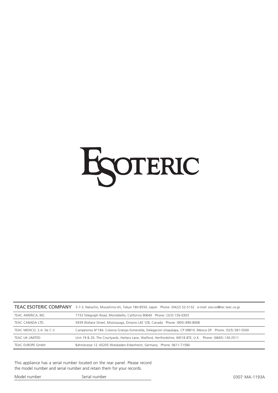 Teac esoteric company | Esoteric AI-10 User Manual | Page 22 / 22