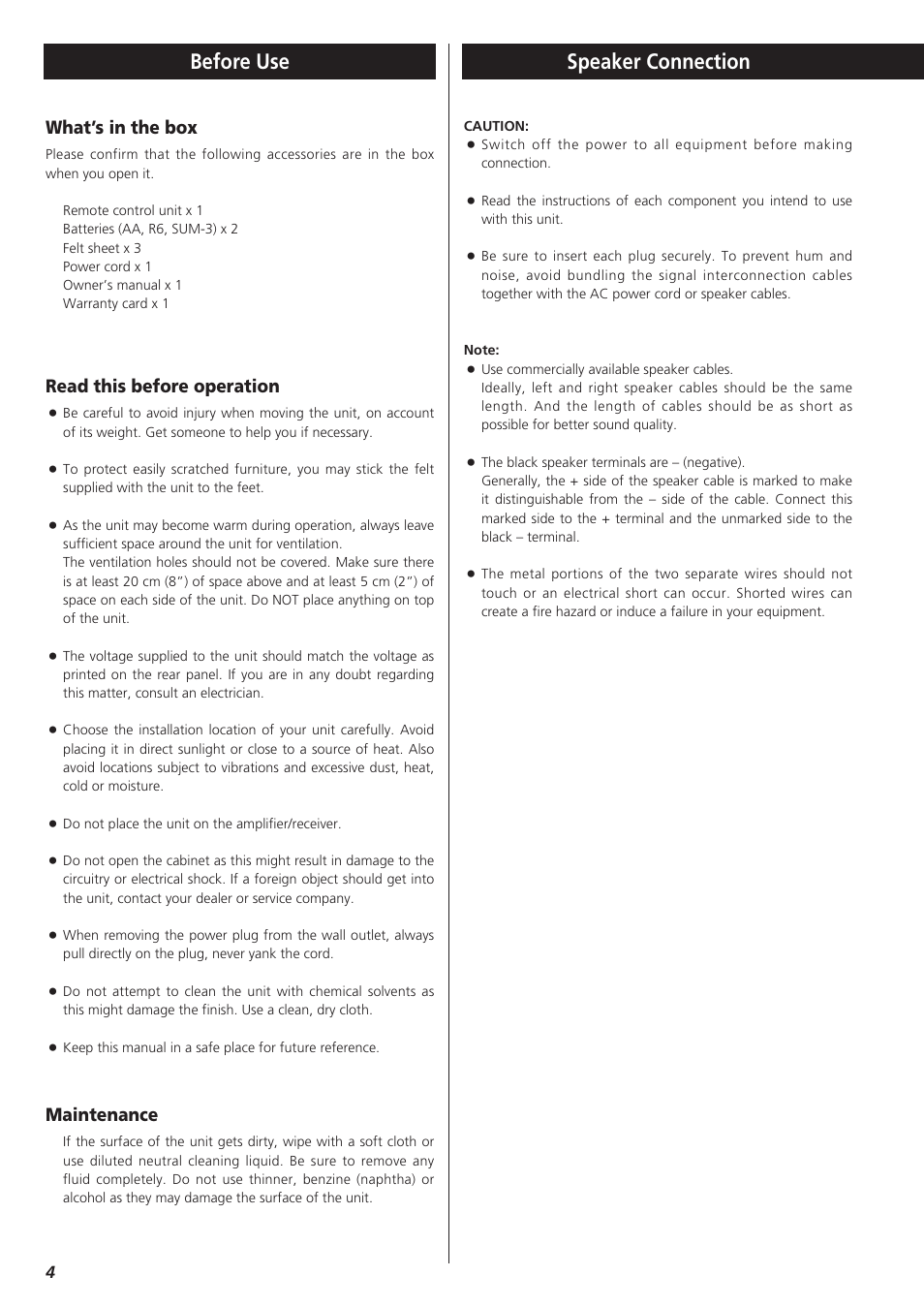 Before use, Speaker connection, What’s in the box | Read this before operation, Maintenance | Esoteric AI-10 User Manual | Page 4 / 22