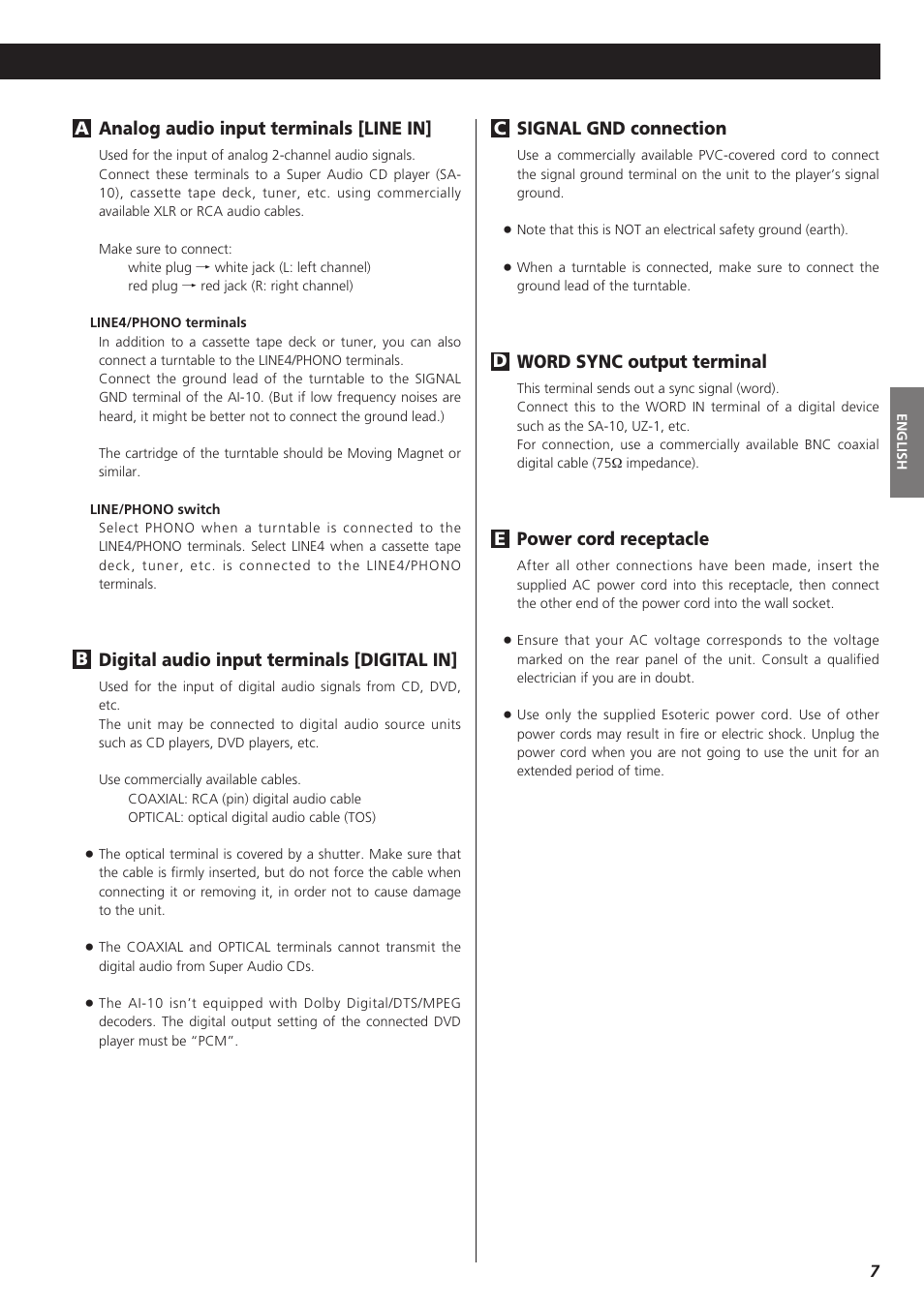 Analog audio input terminals [line in, Digital audio input terminals [digital in, Ba signal gnd connection | Word sync output terminal, Power cord receptacle, Ed c | Esoteric AI-10 User Manual | Page 7 / 22