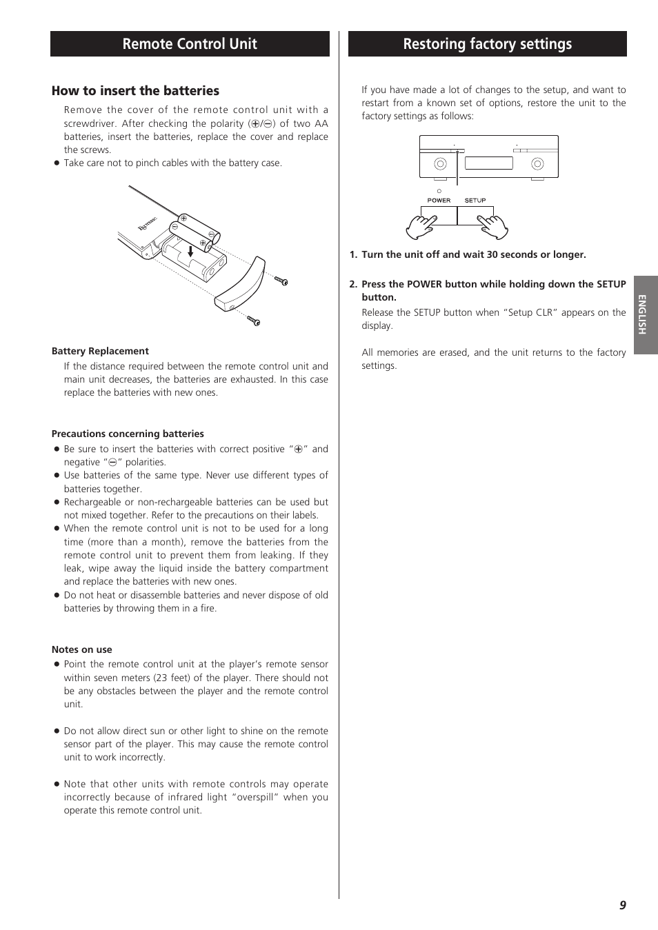 Restoring factory settings, Remote control unit, Remote control unit restoring factory settings | How to insert the batteries | Esoteric AI-10 User Manual | Page 9 / 22