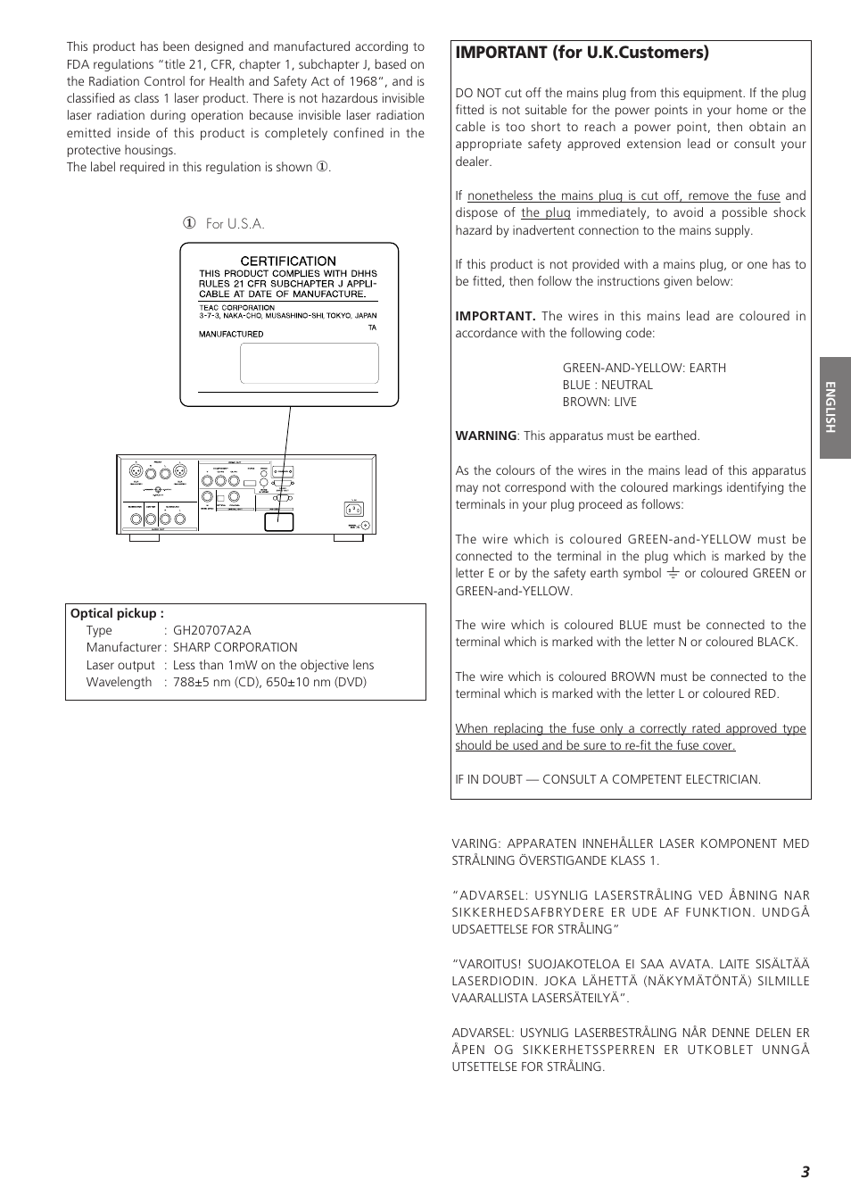 Important (for u.k.customers) | Esoteric UX-1 User Manual | Page 3 / 46