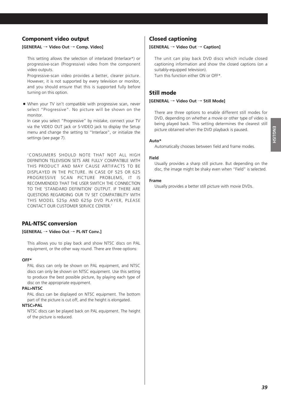 Component video output, Pal-ntsc conversion, Closed captioning | Still mode | Esoteric UX-1 User Manual | Page 39 / 46