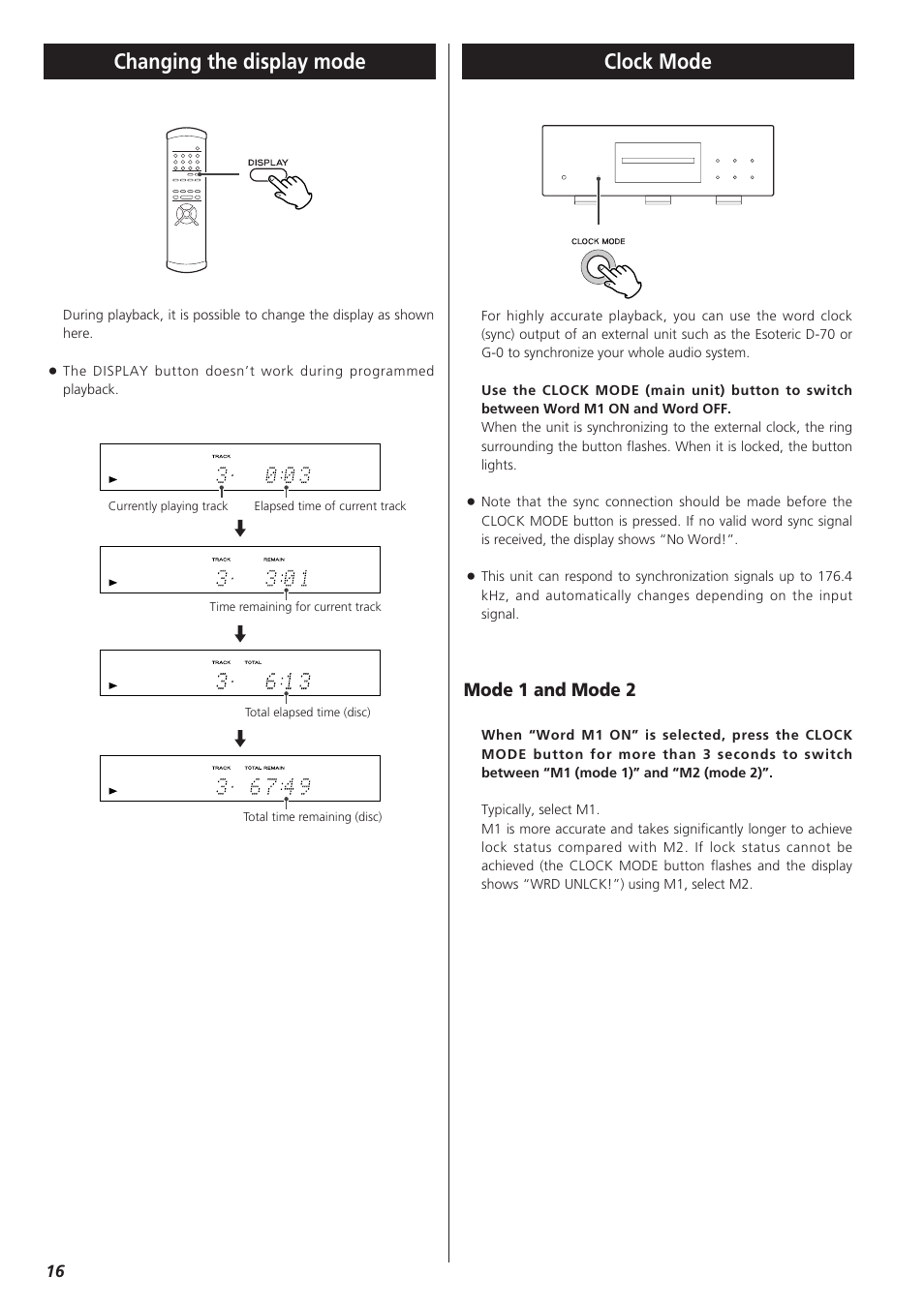 Clock mode, Changing the display mode, Mode 1 and mode 2 | Esoteric Super Audio CD/CD Player D00816700B User Manual | Page 16 / 64
