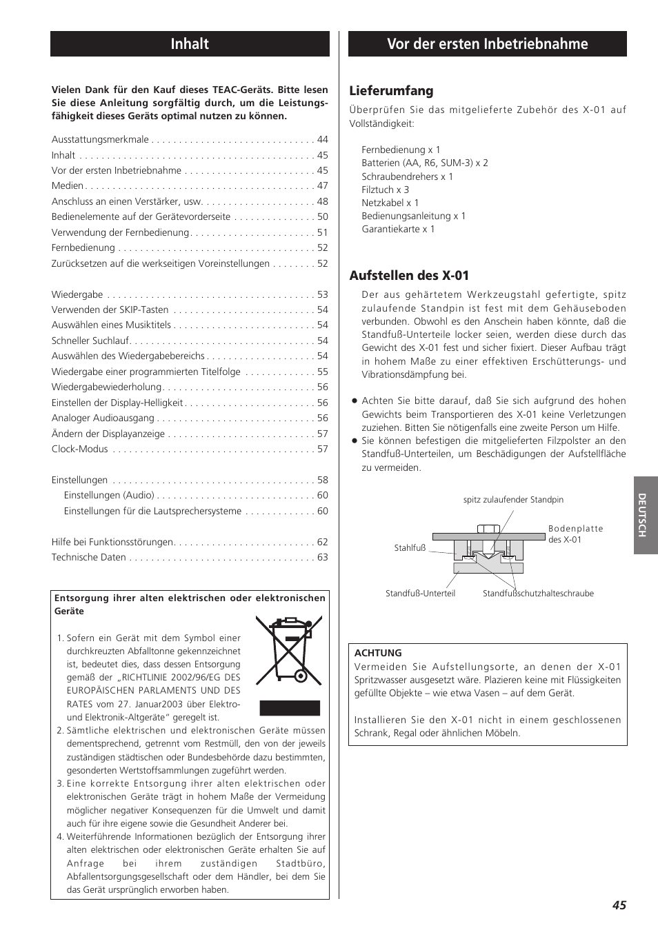 Inhalt, Vor der ersten inbetriebnahme, Lieferumfang | Aufstellen des x-01 | Esoteric Super Audio CD/CD Player D00816700B User Manual | Page 45 / 64