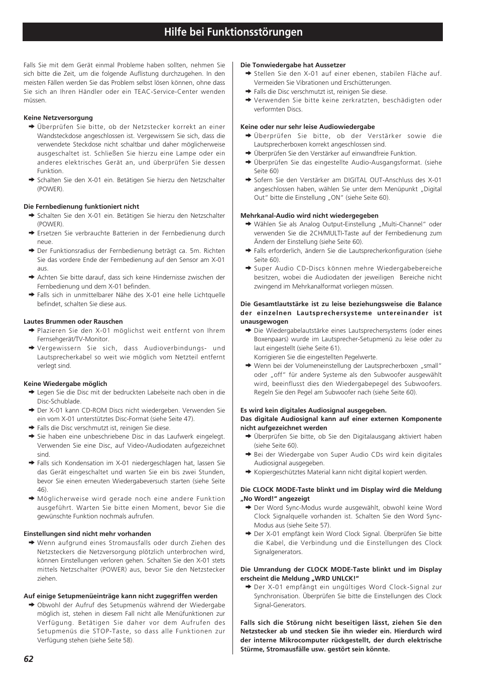 Hilfe bei funktionsstörungen | Esoteric Super Audio CD/CD Player D00816700B User Manual | Page 62 / 64
