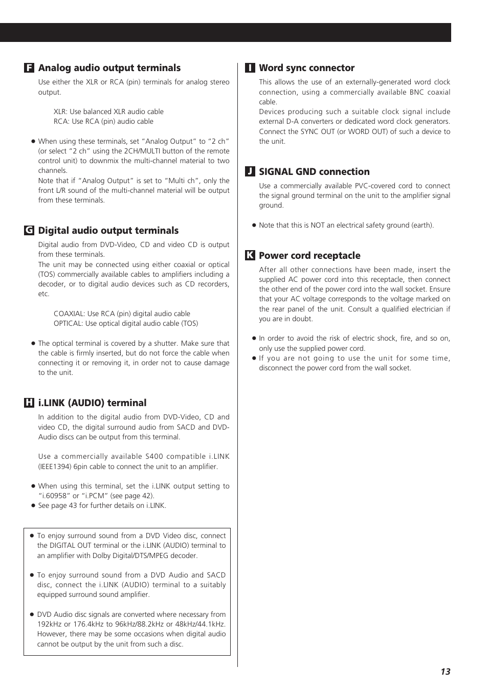Analog audio output terminals, Digital audio output terminals, I.link (audio) terminal | Hg f, Word sync connector, Signal gnd connection, Power cord receptacle, Kj i | Esoteric D00864200A User Manual | Page 13 / 48