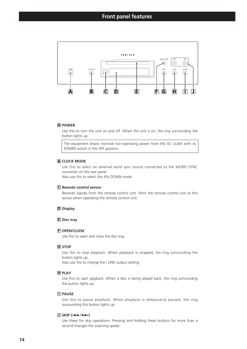 Front panel features | Esoteric D00864200A User Manual | Page 14 / 48