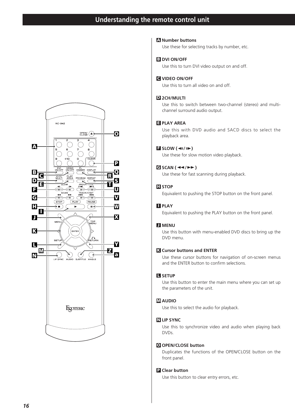 Understanding the remote con, Understanding the remote control unit | Esoteric D00864200A User Manual | Page 16 / 48