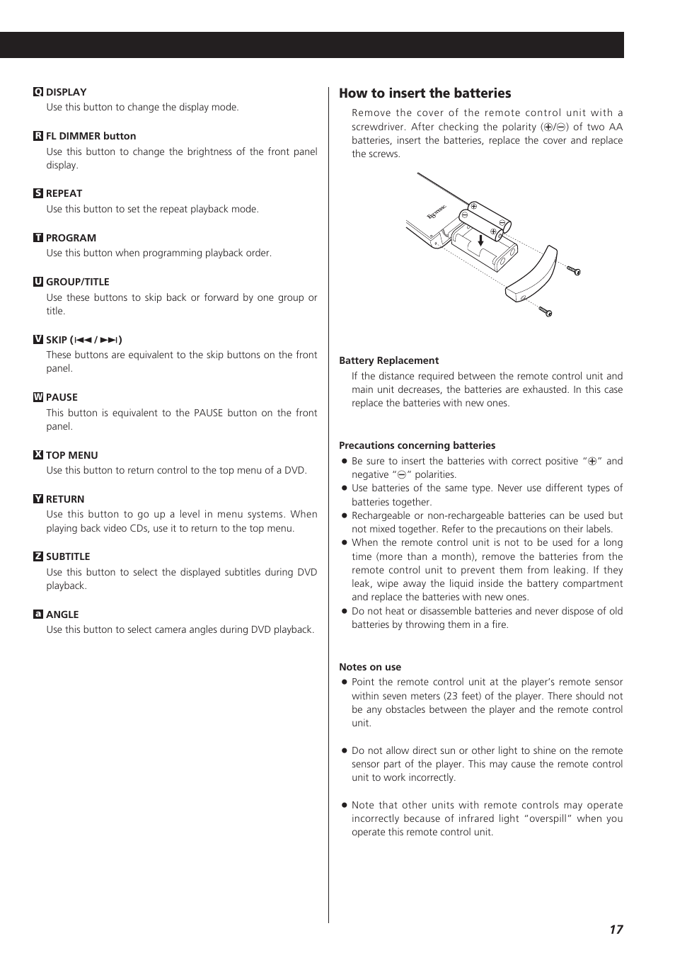 How to insert the batteries | Esoteric D00864200A User Manual | Page 17 / 48