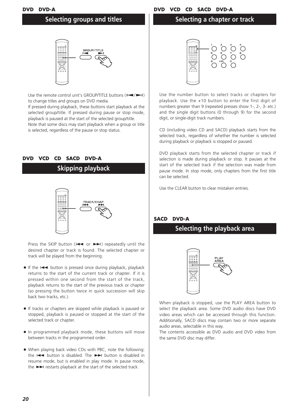 Selecting a chapter or track, Skipping playback, Selecting the playback area | Selecting groups and titles | Esoteric D00864200A User Manual | Page 20 / 48